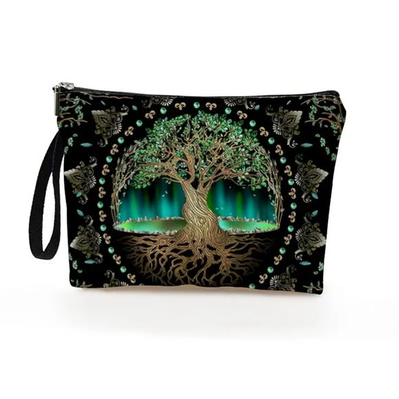 Tree of Life Cosmetic Bag Green 7x10x2 - Mystical Multi-Functional Makeup Pouch - Picture 1 of 13